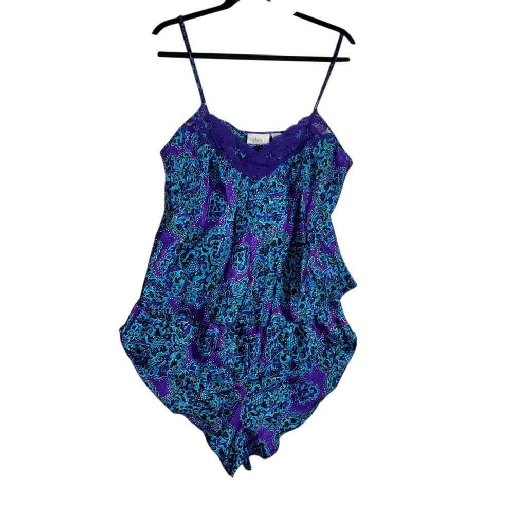 Solange‎ Vintage Pajama Set Purple Teal Paisley Lace Cami Tap Shorts Size 14/16